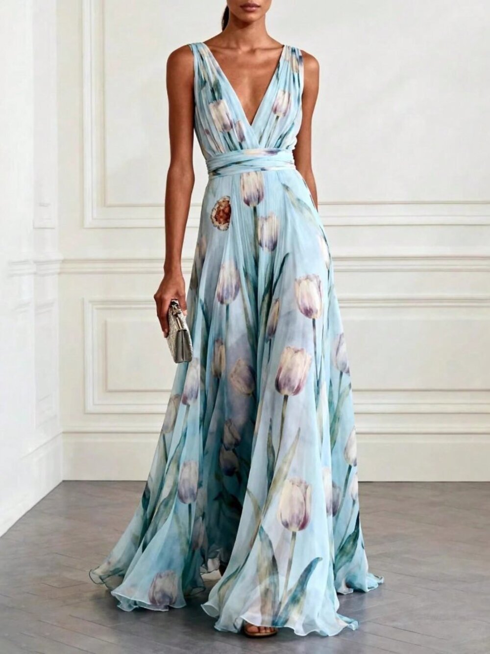 Blue Elegant Women's V-Neck Party Dress